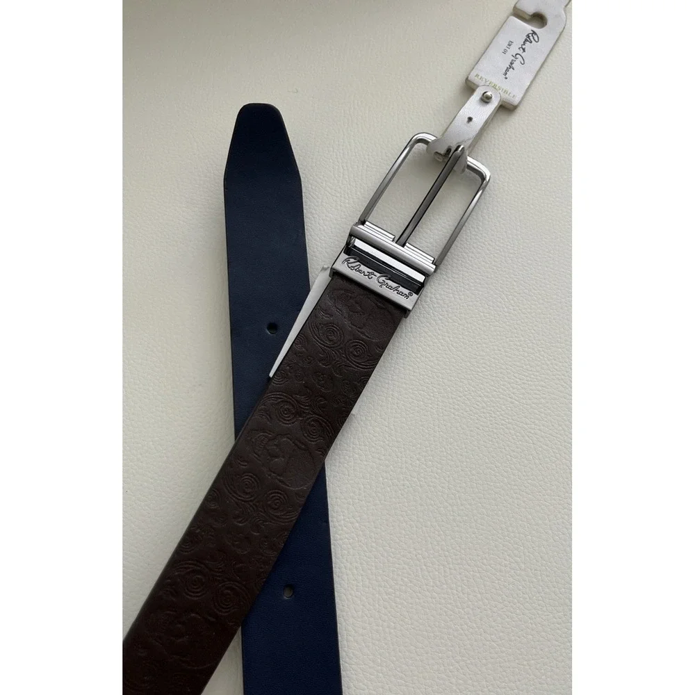 Robert Graham Mens Belt 40 Garrison Tooled Brown Solid Blue Reversible Old Money